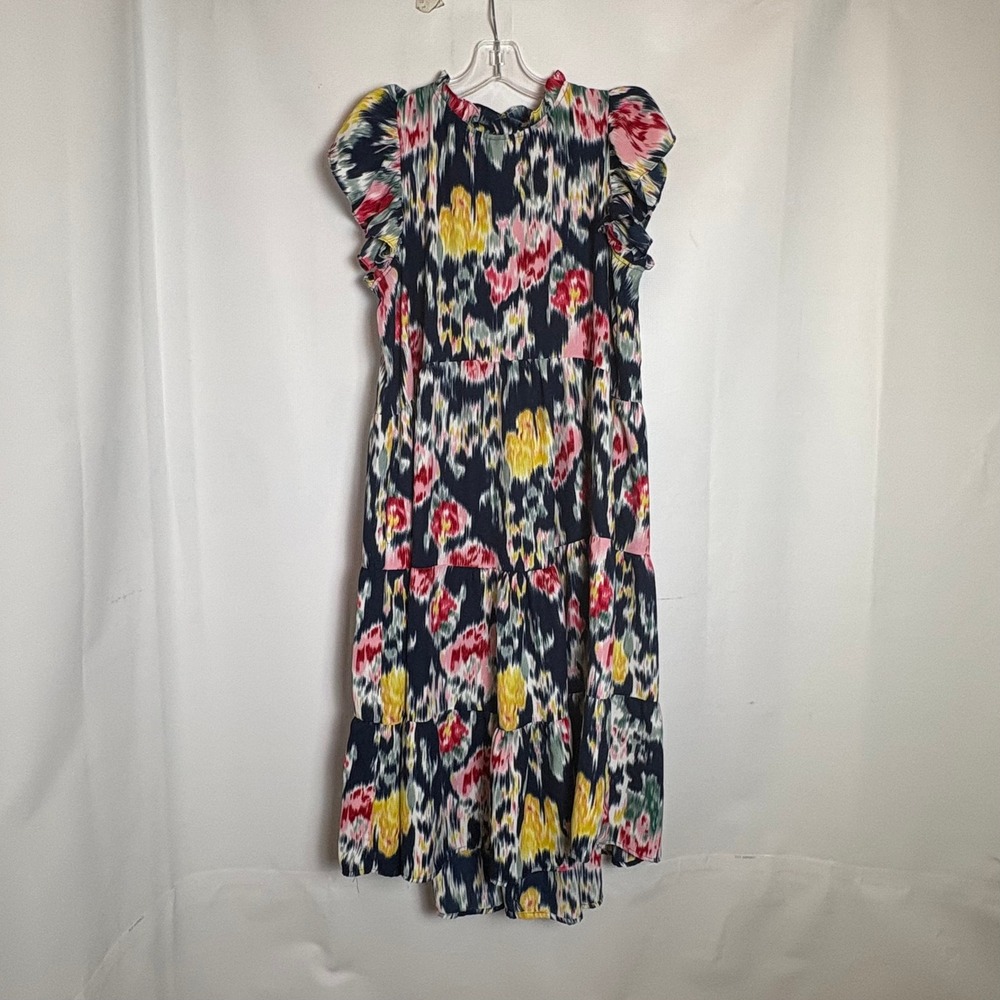 Pinch Women Abstract Print Tiered Midi Dress Flutter Sleeve M Festival Casual‎